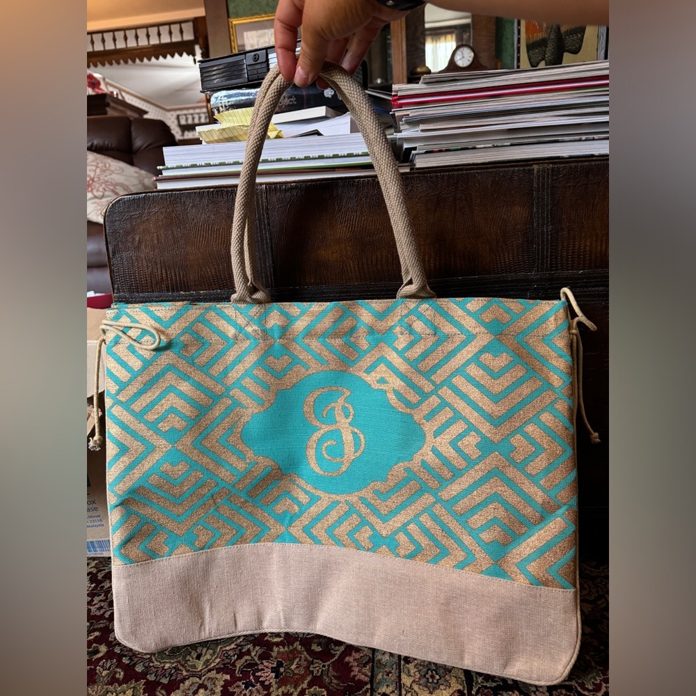 monogrammed jute tote, NWOT